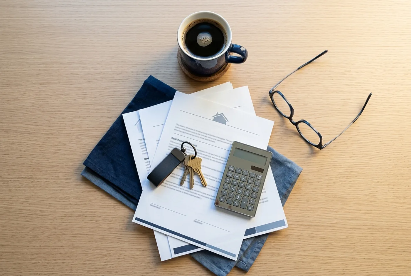 House keys, a calculator, and home-loan paperwork laid out on a desk