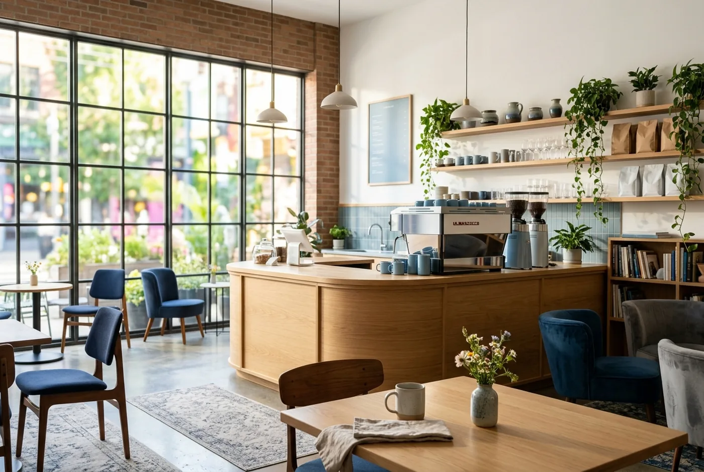 A bright, thriving small-business cafe interior — stability after escaping the MCA cycle